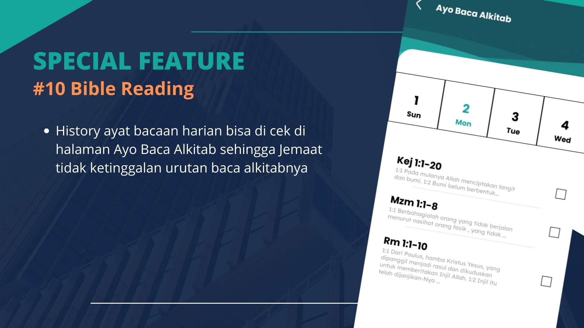  Bible Reading History ayat bacaan harian bisa di cek di halaman Ayo Baca Alkitab sehingga Jemaat tidak ketinggalan urutan baca alkitabnya